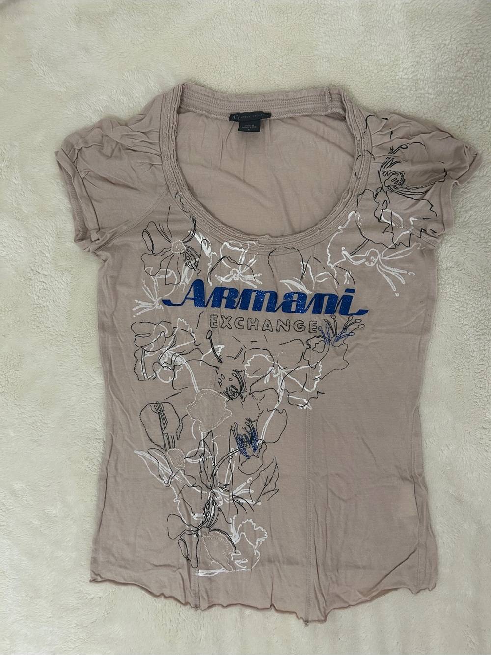 Armani Exchange Taupe Floral Scoop Neck Tee with Blue Logo